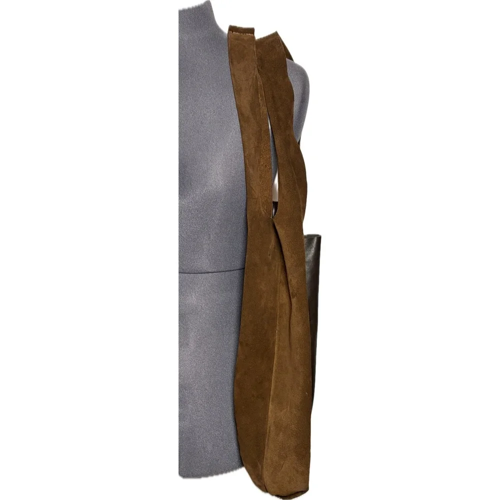 Brown Suede & Leather Tote Shoulder Bag Slouchy‎ Boho Two-Tone Snap STAINED